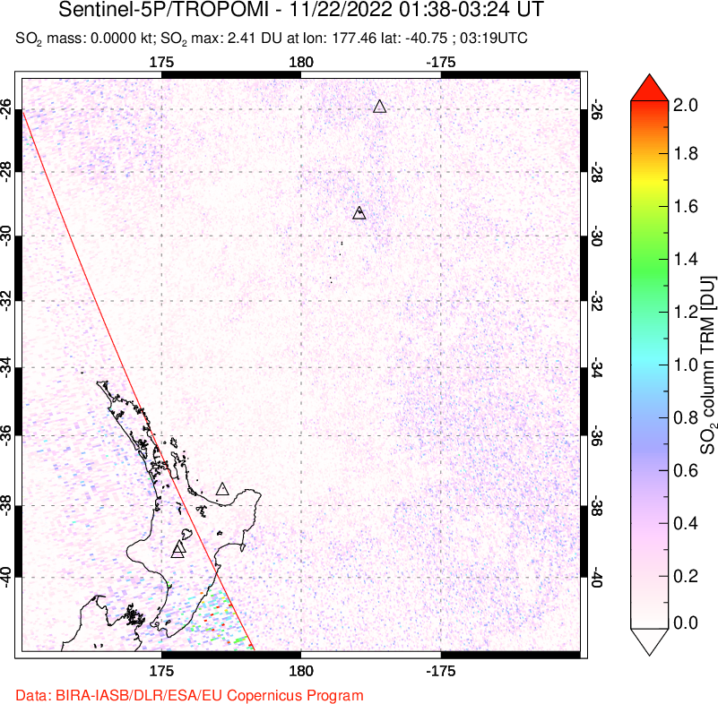 A sulfur dioxide image over New Zealand on Nov 22, 2022.