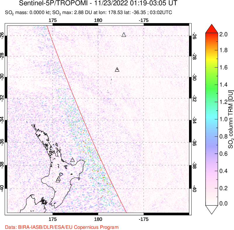 A sulfur dioxide image over New Zealand on Nov 23, 2022.
