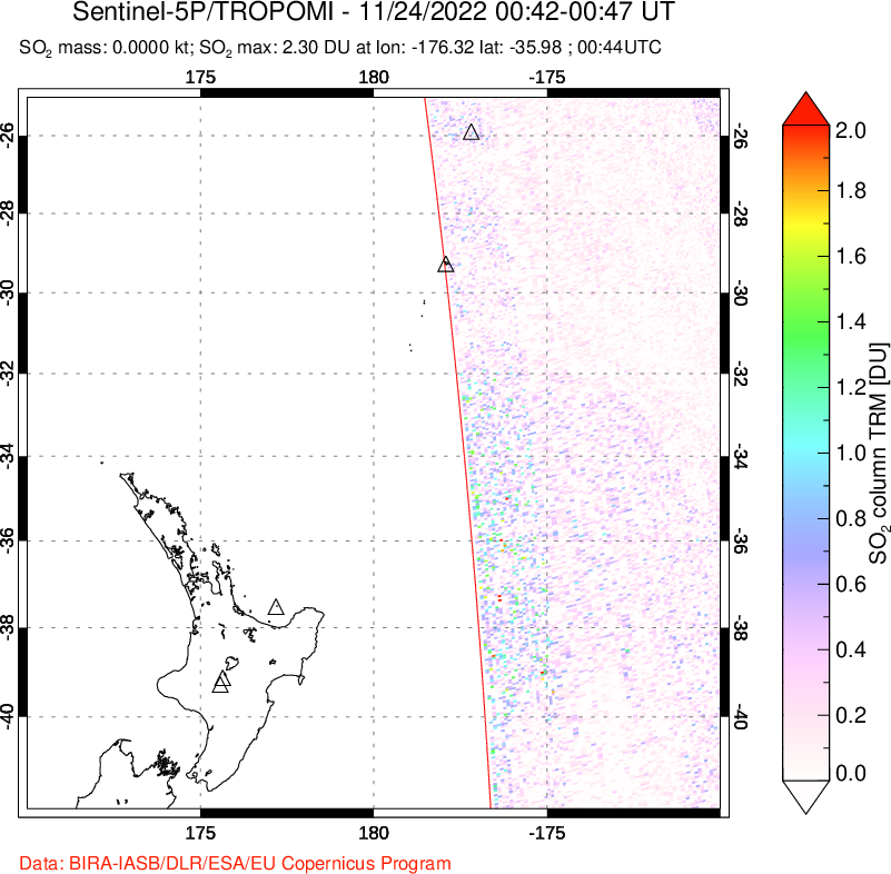 A sulfur dioxide image over New Zealand on Nov 24, 2022.