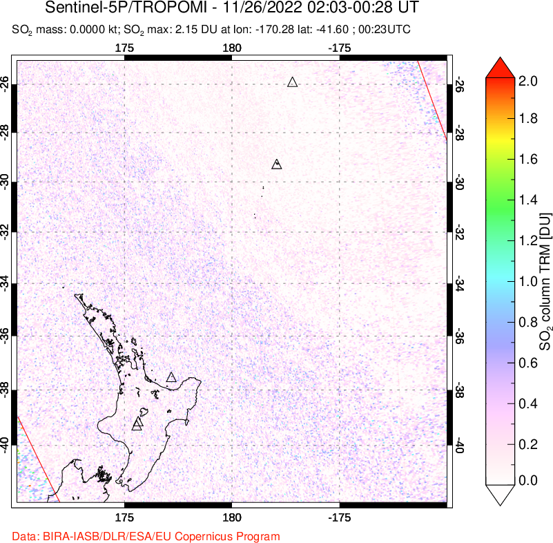 A sulfur dioxide image over New Zealand on Nov 26, 2022.