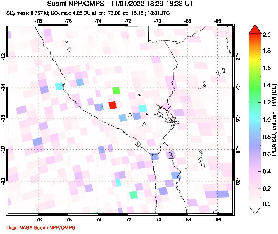 A sulfur dioxide image over Peru on Nov 01, 2022.