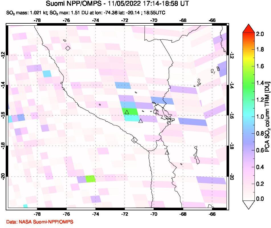 A sulfur dioxide image over Peru on Nov 05, 2022.