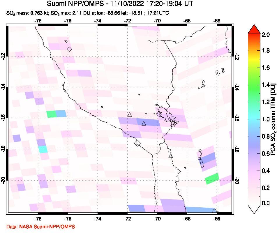 A sulfur dioxide image over Peru on Nov 10, 2022.