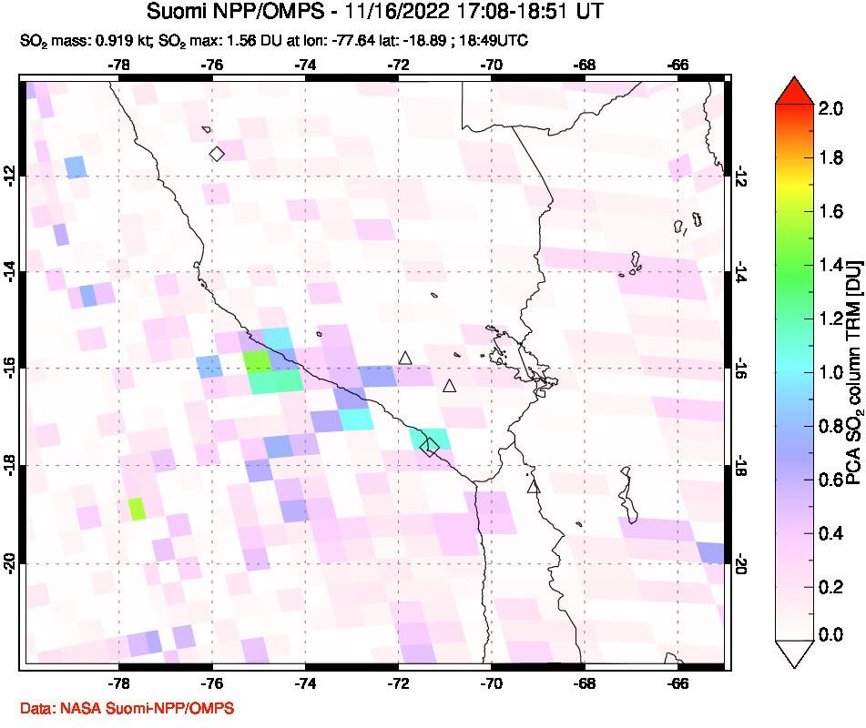 A sulfur dioxide image over Peru on Nov 16, 2022.