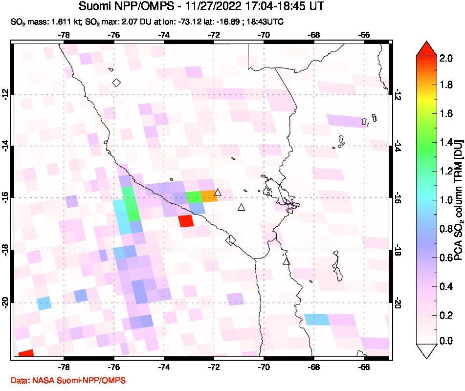 A sulfur dioxide image over Peru on Nov 27, 2022.