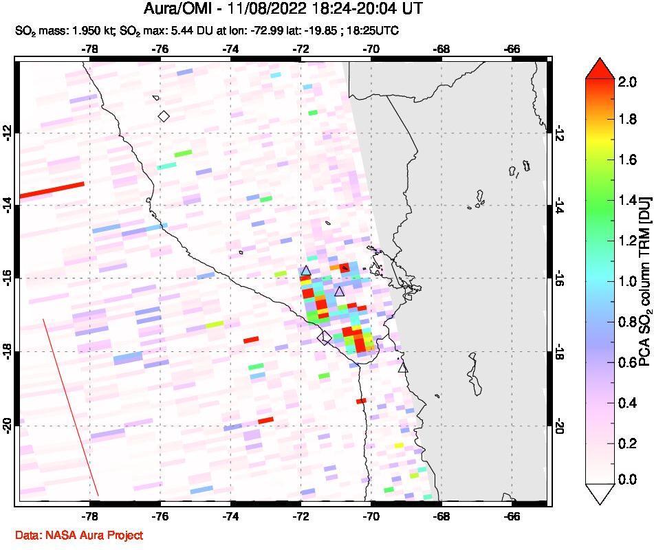 A sulfur dioxide image over Peru on Nov 08, 2022.