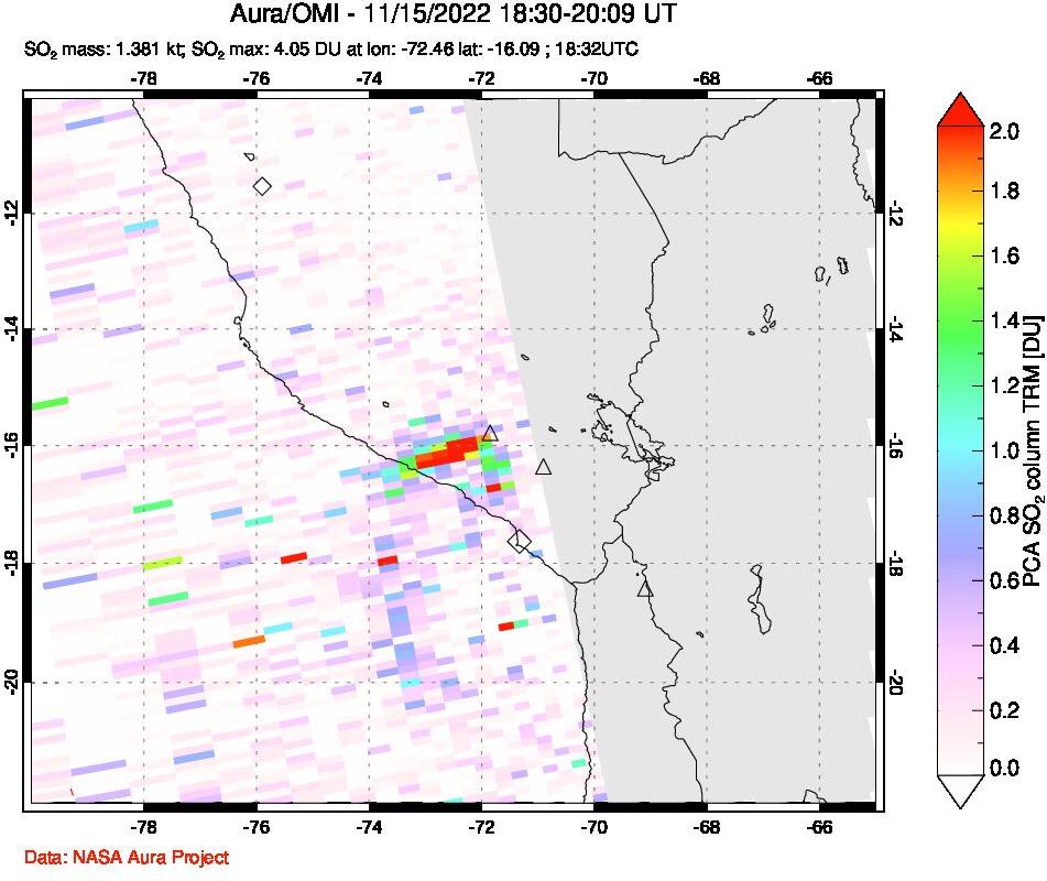A sulfur dioxide image over Peru on Nov 15, 2022.