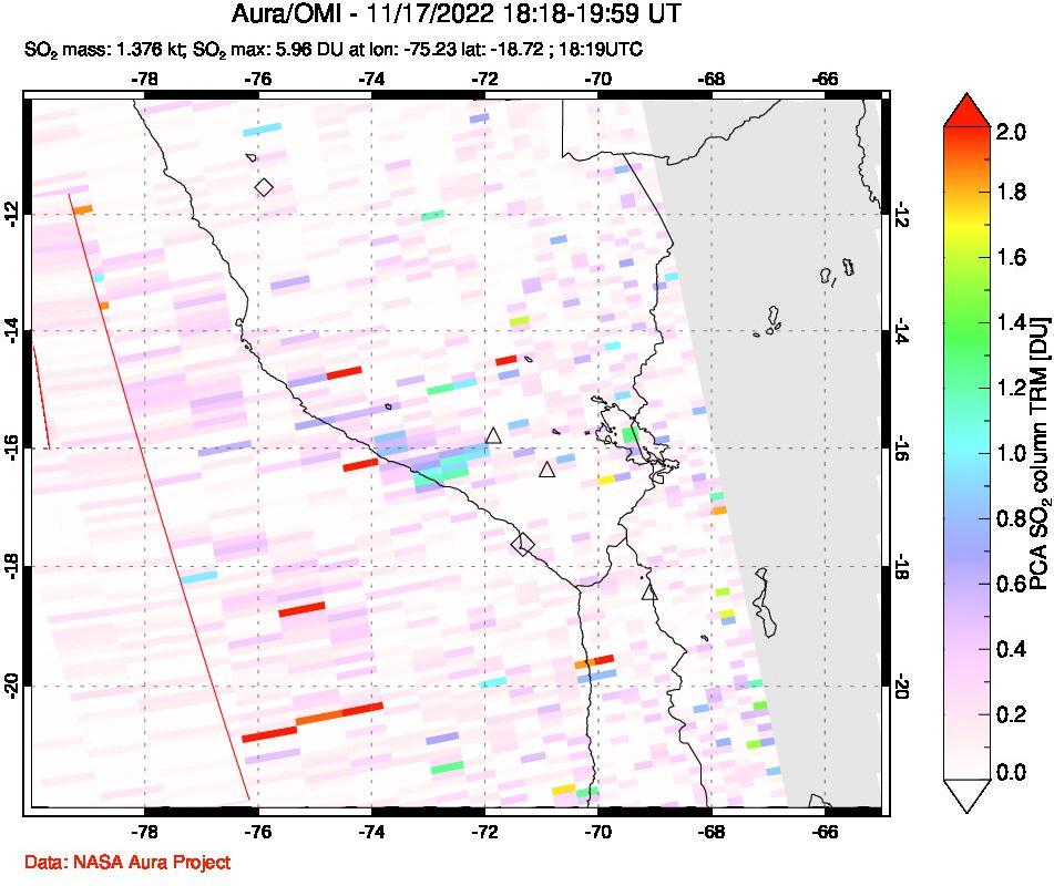 A sulfur dioxide image over Peru on Nov 17, 2022.