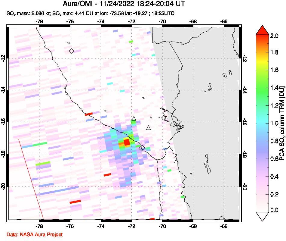 A sulfur dioxide image over Peru on Nov 24, 2022.