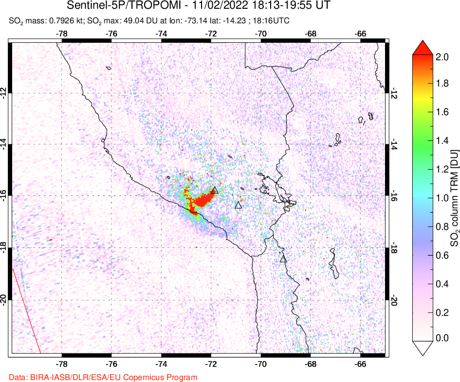A sulfur dioxide image over Peru on Nov 02, 2022.