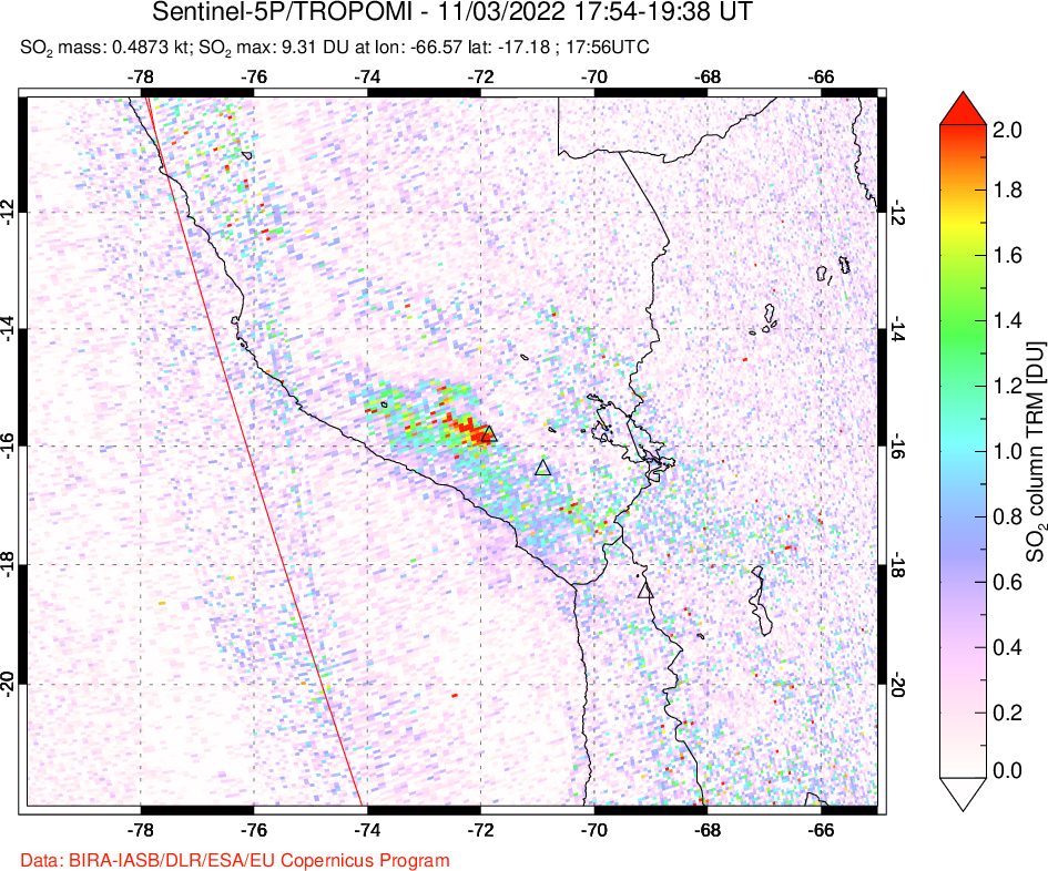 A sulfur dioxide image over Peru on Nov 03, 2022.