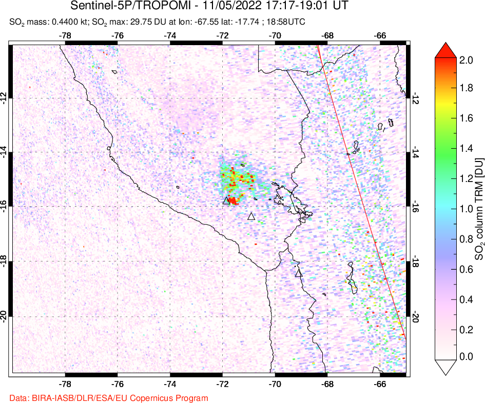 A sulfur dioxide image over Peru on Nov 05, 2022.
