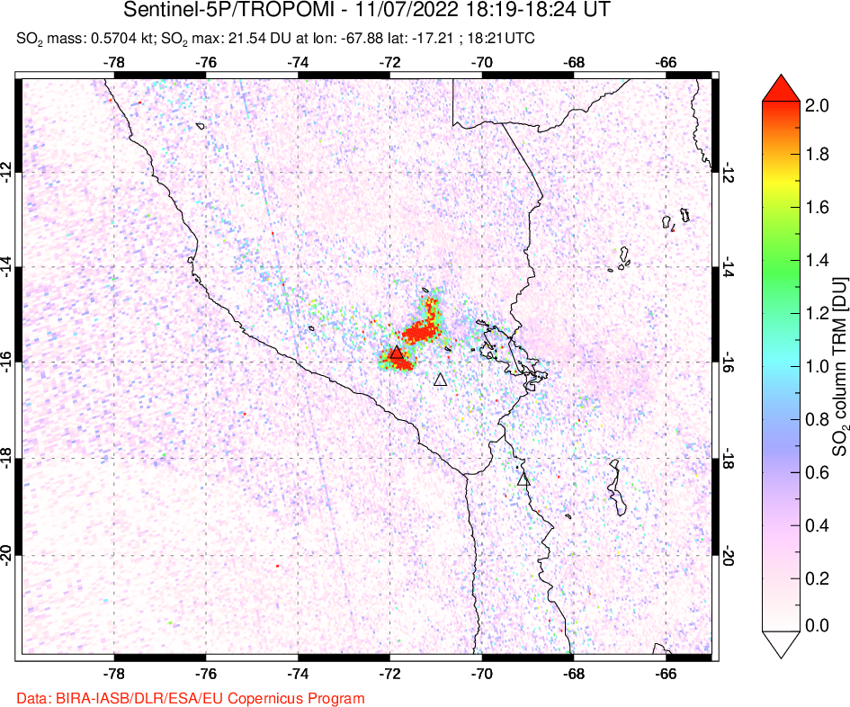 A sulfur dioxide image over Peru on Nov 07, 2022.