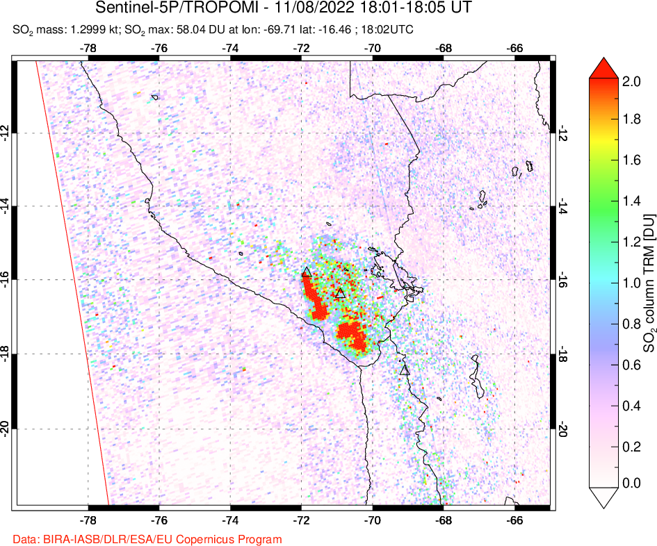 A sulfur dioxide image over Peru on Nov 08, 2022.