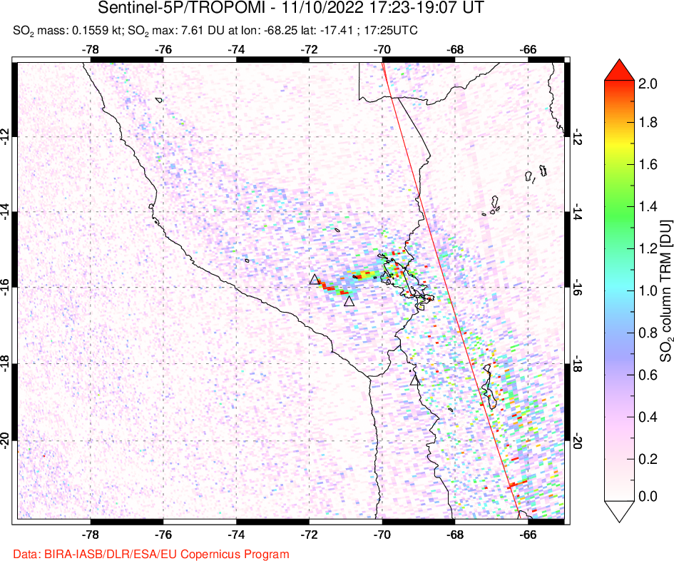 A sulfur dioxide image over Peru on Nov 10, 2022.