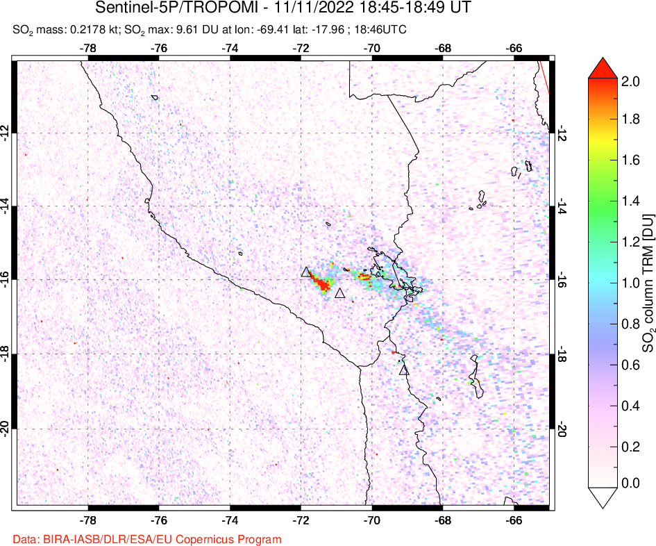 A sulfur dioxide image over Peru on Nov 11, 2022.