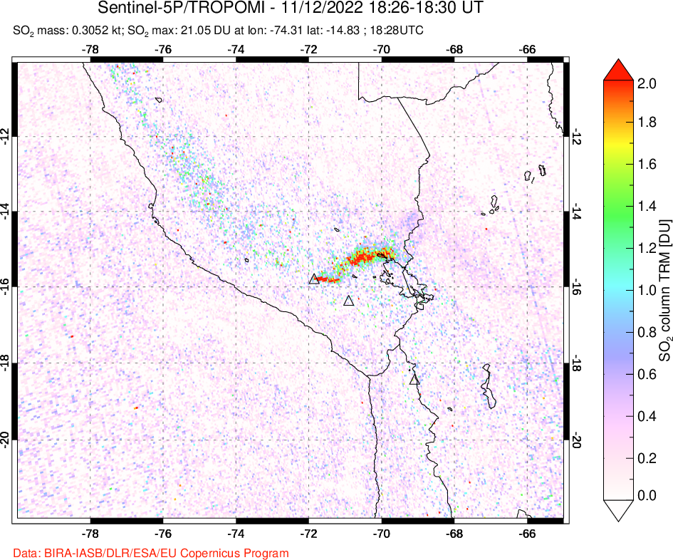 A sulfur dioxide image over Peru on Nov 12, 2022.