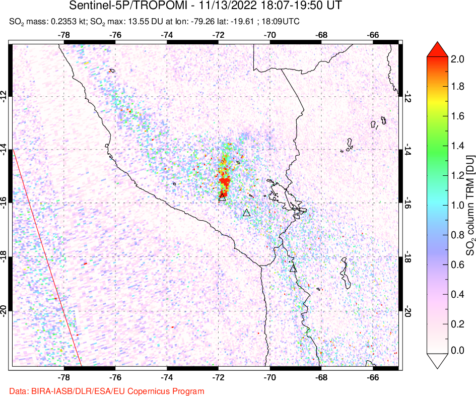 A sulfur dioxide image over Peru on Nov 13, 2022.