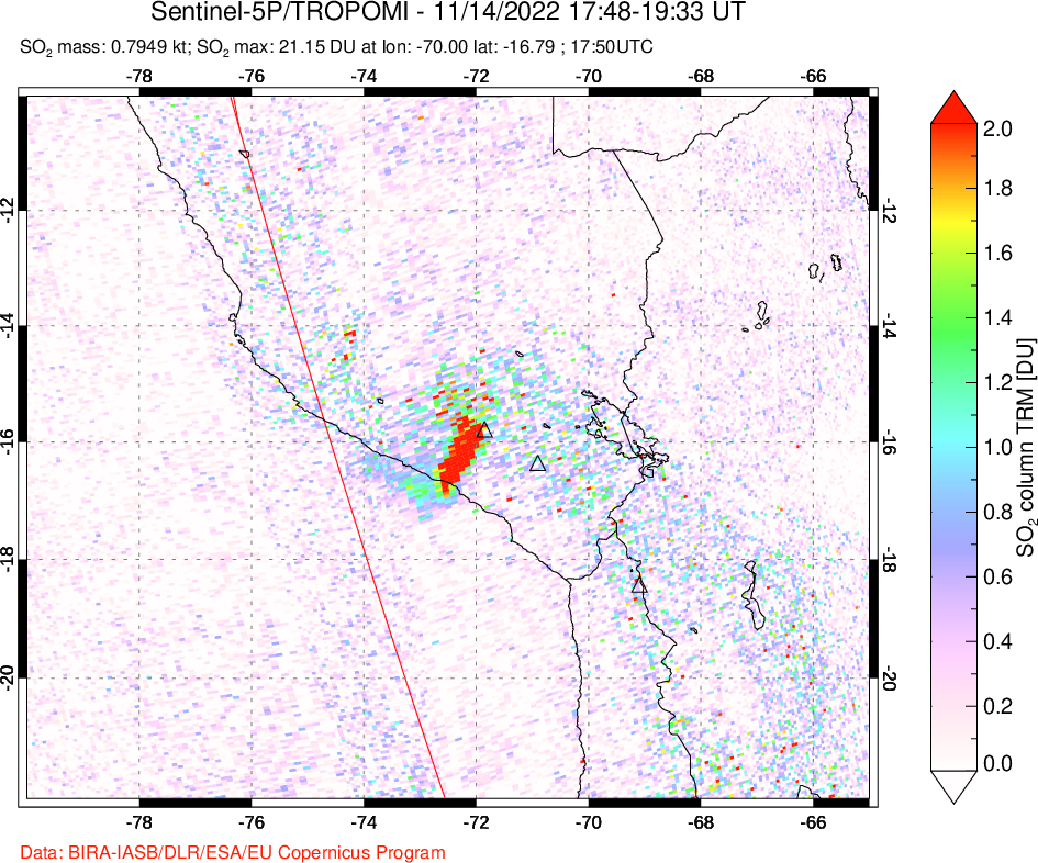 A sulfur dioxide image over Peru on Nov 14, 2022.