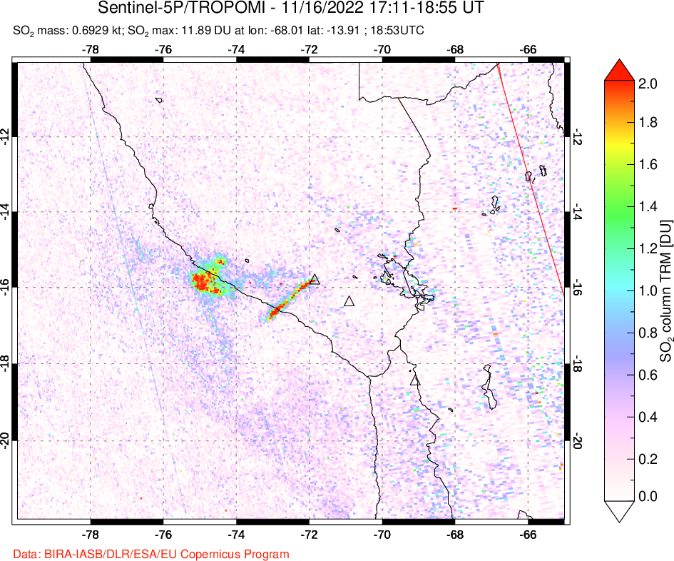 A sulfur dioxide image over Peru on Nov 16, 2022.