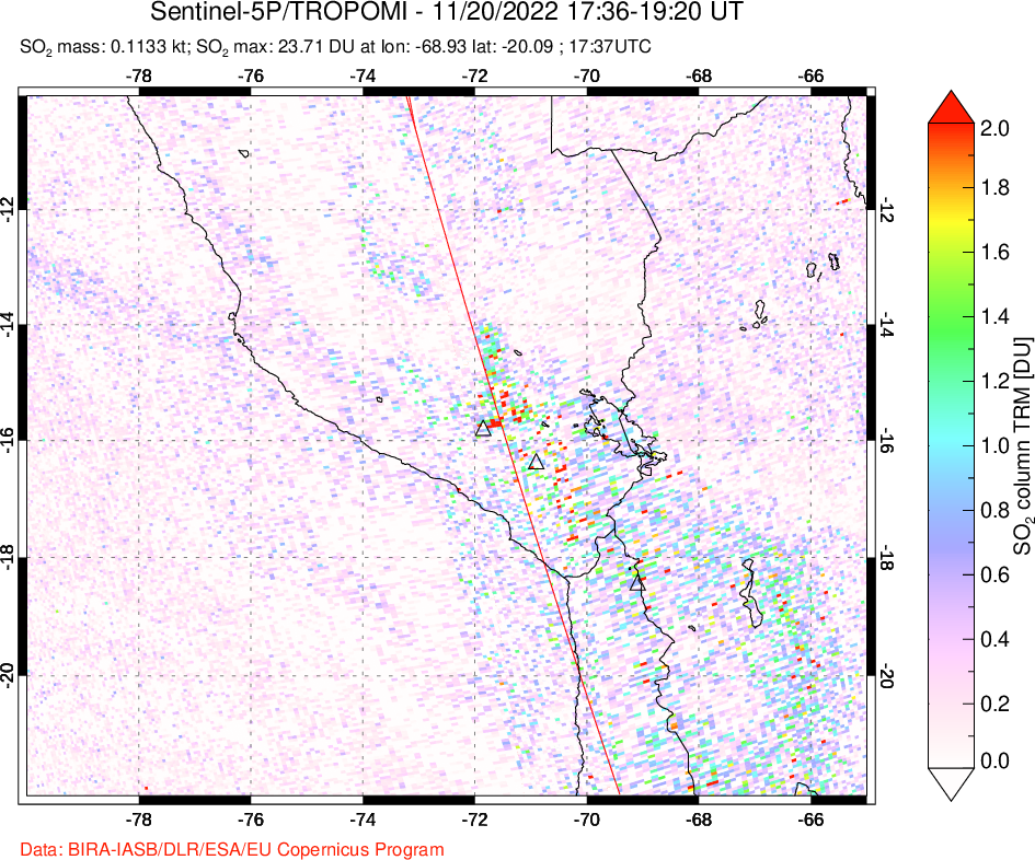 A sulfur dioxide image over Peru on Nov 20, 2022.