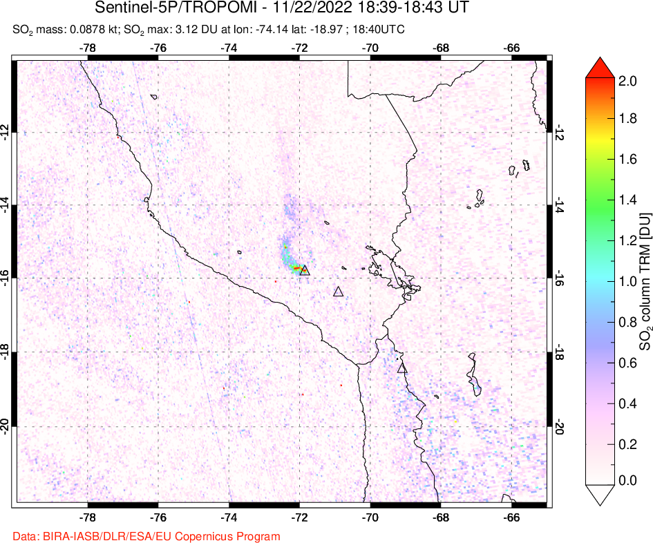 A sulfur dioxide image over Peru on Nov 22, 2022.