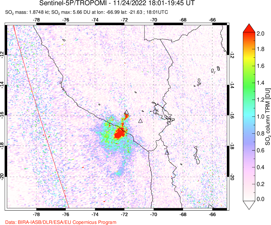 A sulfur dioxide image over Peru on Nov 24, 2022.
