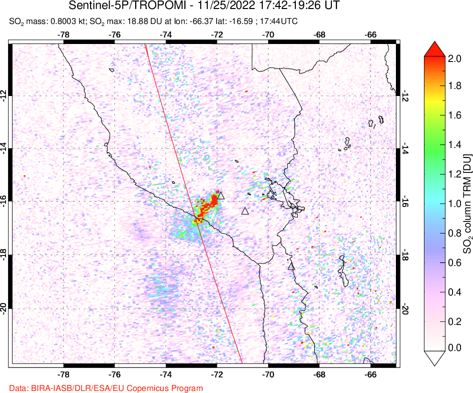 A sulfur dioxide image over Peru on Nov 25, 2022.