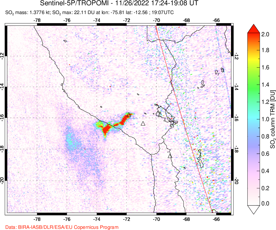 A sulfur dioxide image over Peru on Nov 26, 2022.
