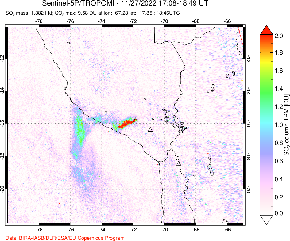 A sulfur dioxide image over Peru on Nov 27, 2022.