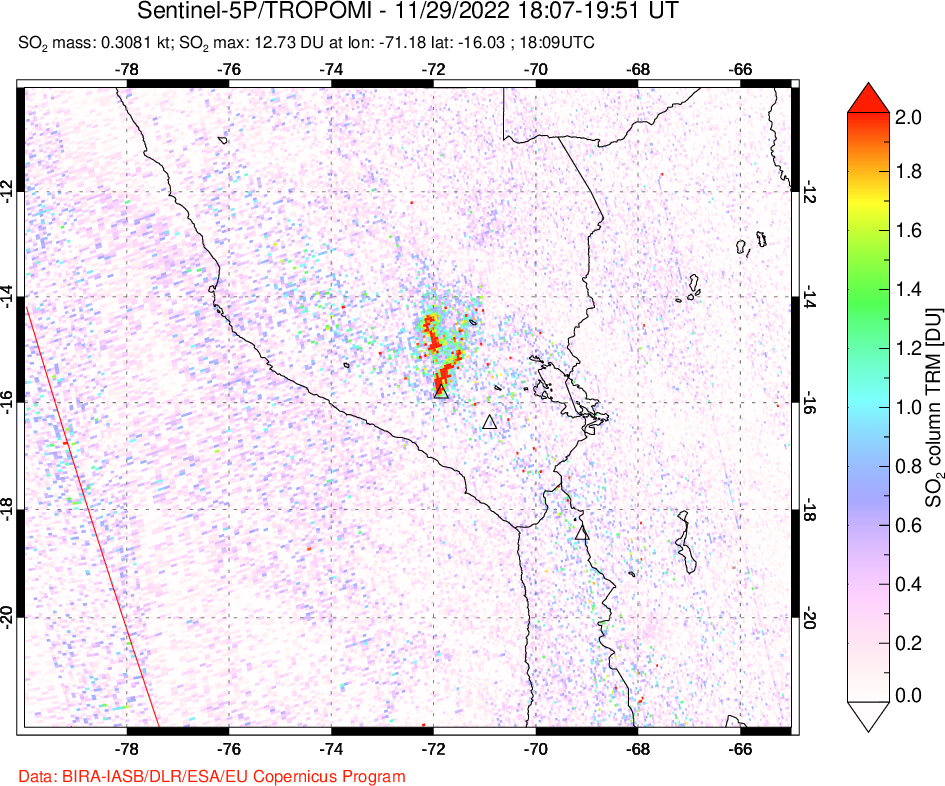 A sulfur dioxide image over Peru on Nov 29, 2022.