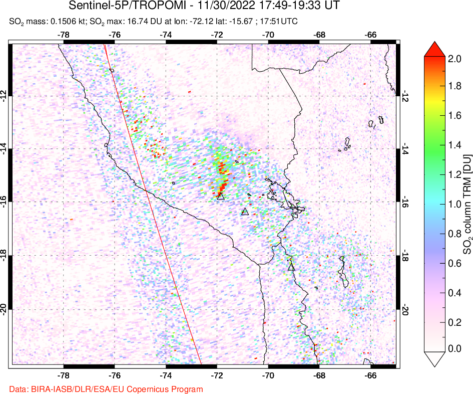 A sulfur dioxide image over Peru on Nov 30, 2022.