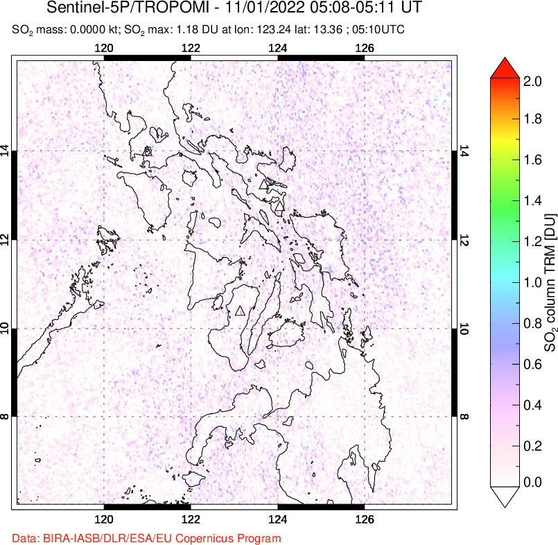 A sulfur dioxide image over Philippines on Nov 01, 2022.