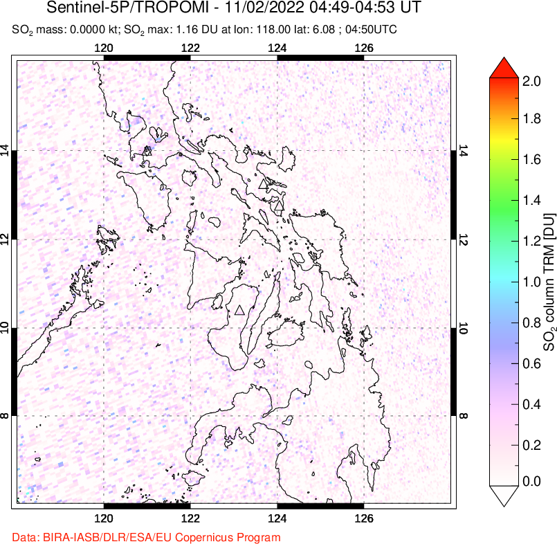 A sulfur dioxide image over Philippines on Nov 02, 2022.