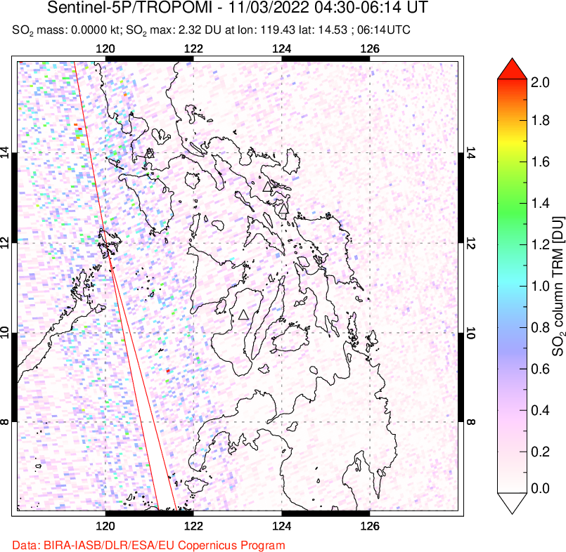 A sulfur dioxide image over Philippines on Nov 03, 2022.