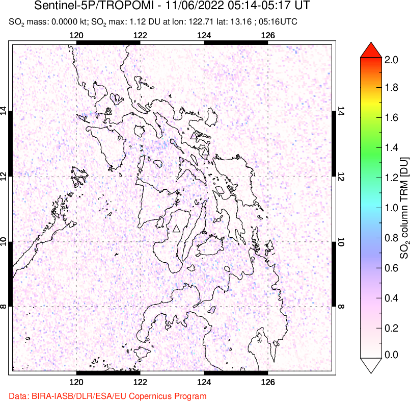 A sulfur dioxide image over Philippines on Nov 06, 2022.