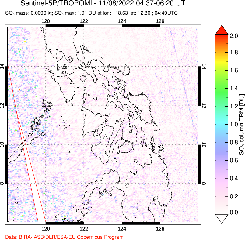 A sulfur dioxide image over Philippines on Nov 08, 2022.
