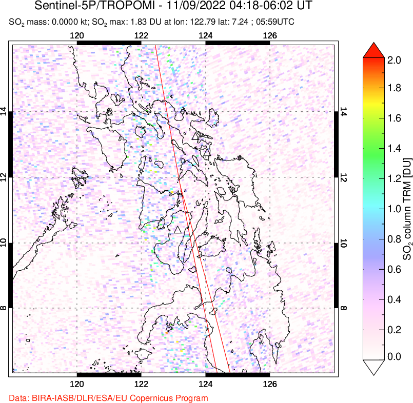 A sulfur dioxide image over Philippines on Nov 09, 2022.