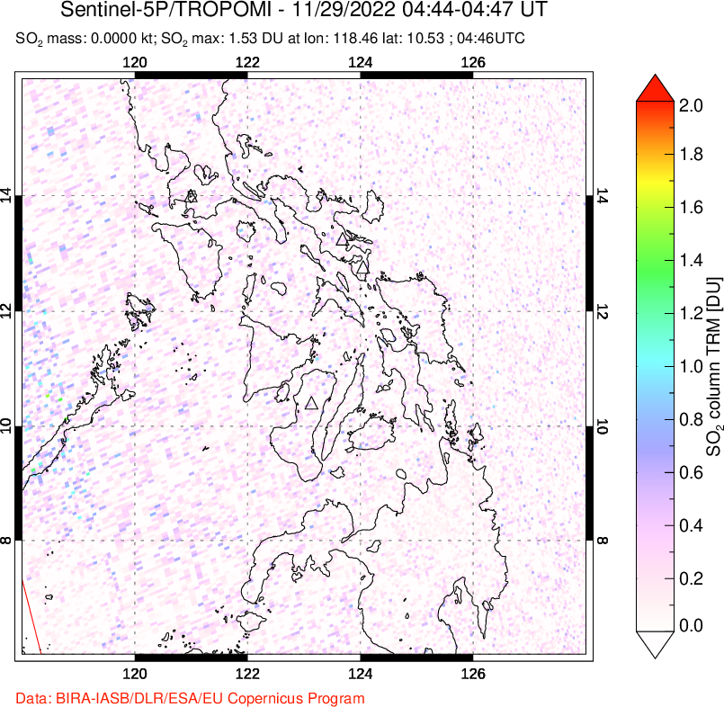 A sulfur dioxide image over Philippines on Nov 29, 2022.