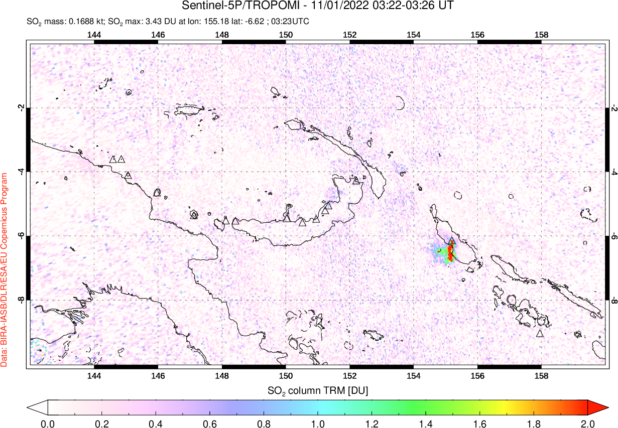 A sulfur dioxide image over Papua, New Guinea on Nov 01, 2022.