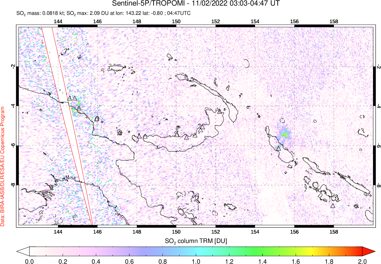 A sulfur dioxide image over Papua, New Guinea on Nov 02, 2022.