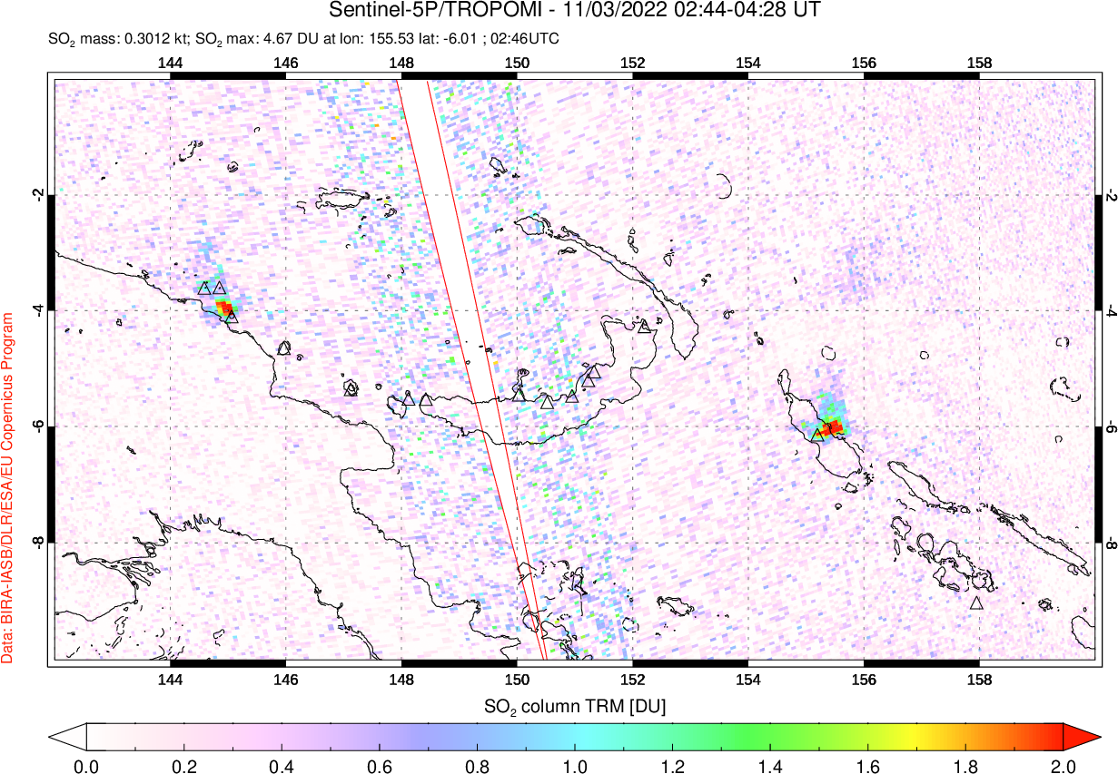 A sulfur dioxide image over Papua, New Guinea on Nov 03, 2022.