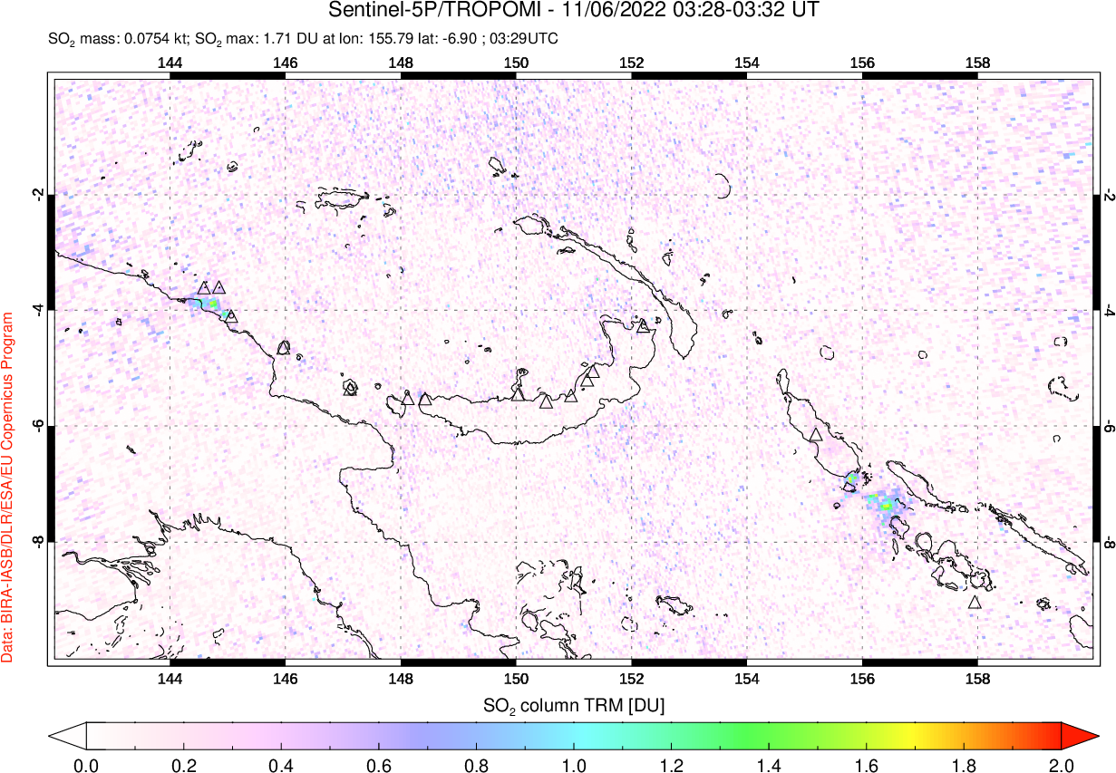 A sulfur dioxide image over Papua, New Guinea on Nov 06, 2022.