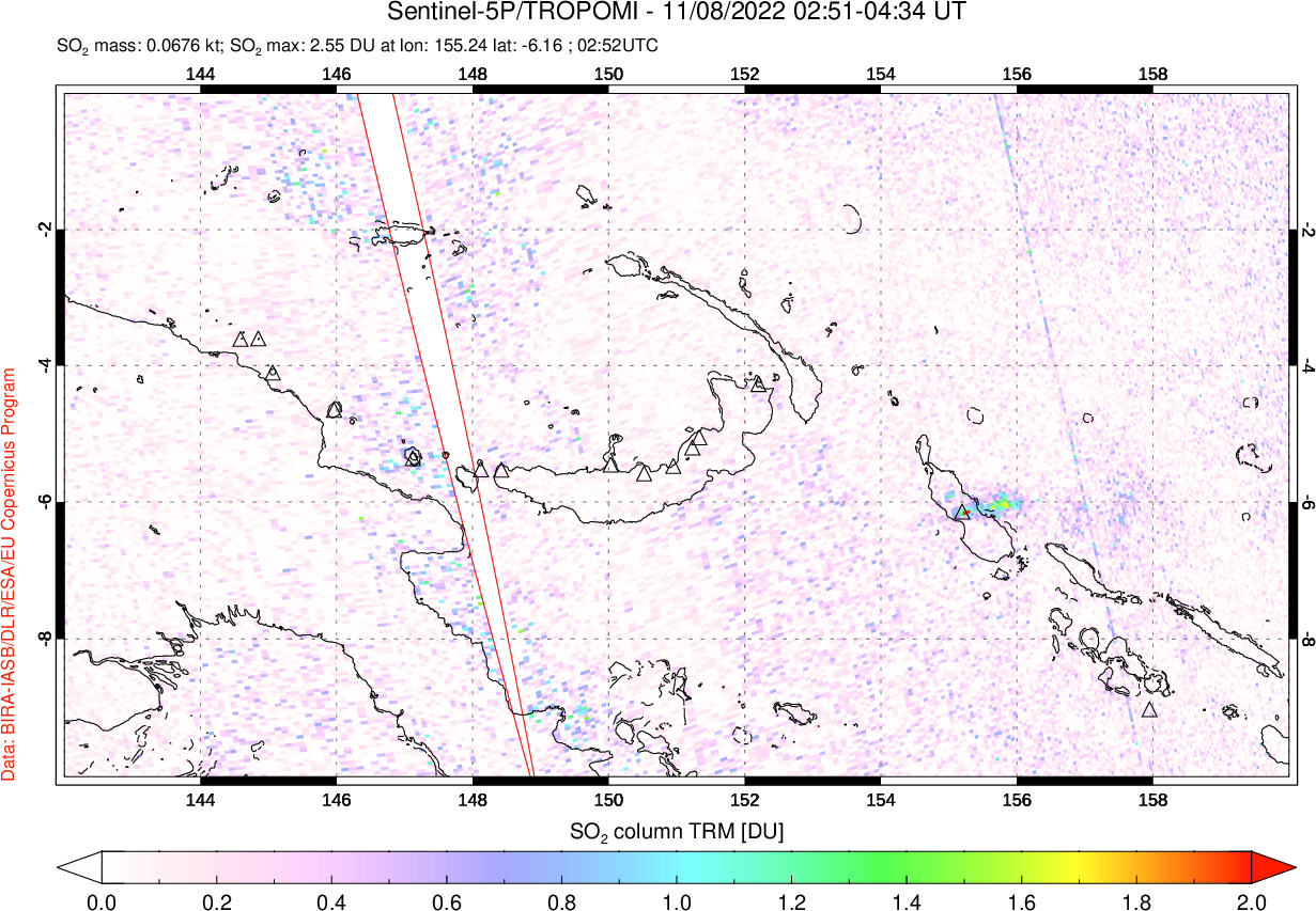 A sulfur dioxide image over Papua, New Guinea on Nov 08, 2022.
