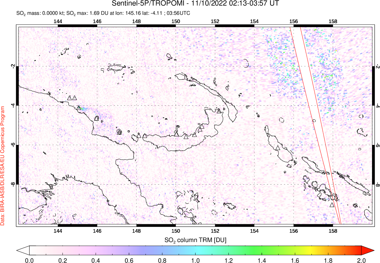 A sulfur dioxide image over Papua, New Guinea on Nov 10, 2022.