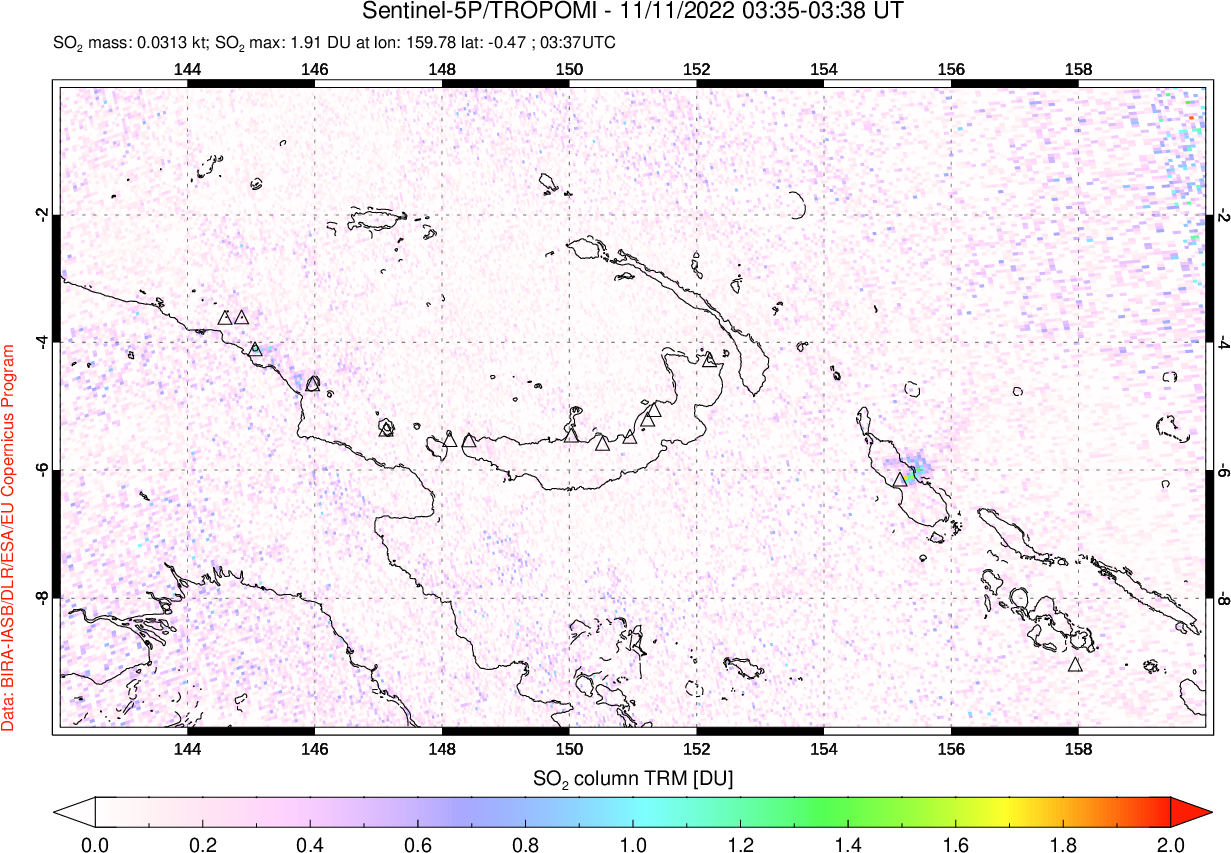 A sulfur dioxide image over Papua, New Guinea on Nov 11, 2022.