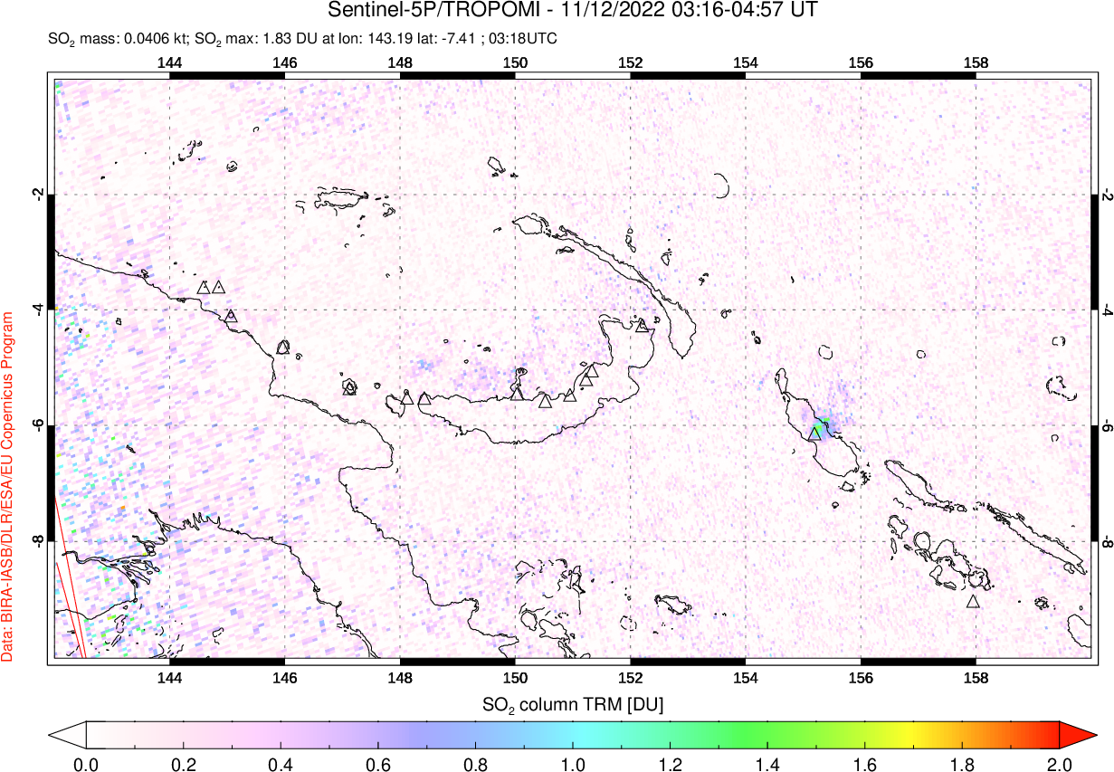 A sulfur dioxide image over Papua, New Guinea on Nov 12, 2022.