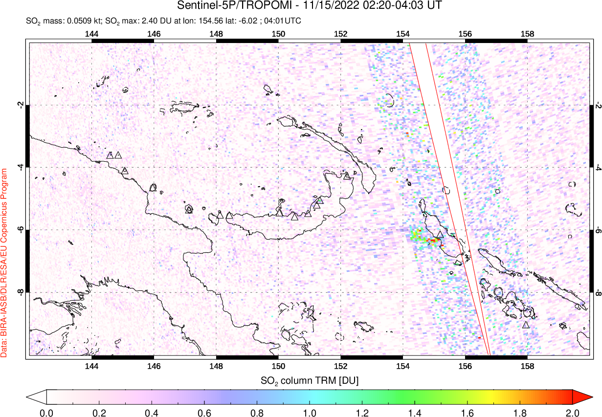 A sulfur dioxide image over Papua, New Guinea on Nov 15, 2022.
