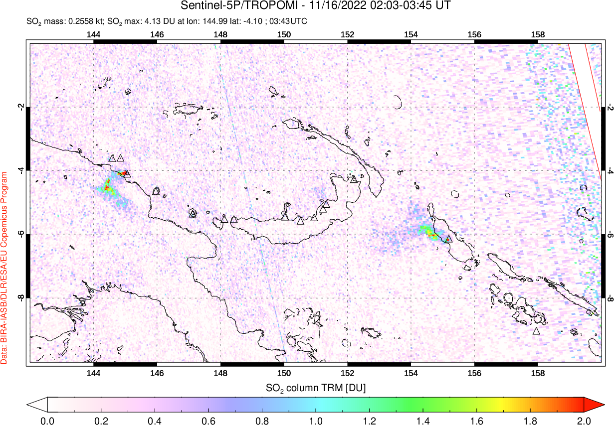 A sulfur dioxide image over Papua, New Guinea on Nov 16, 2022.