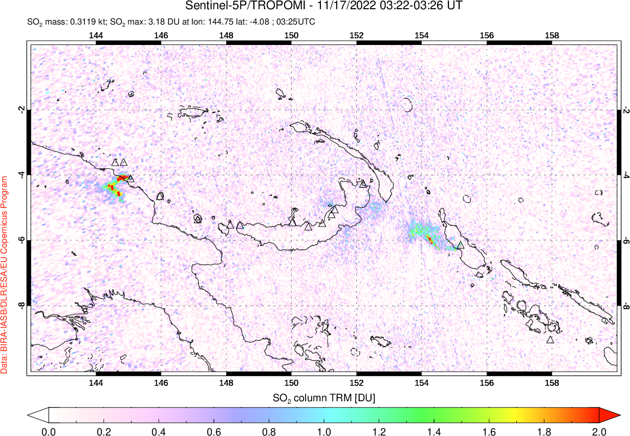 A sulfur dioxide image over Papua, New Guinea on Nov 17, 2022.